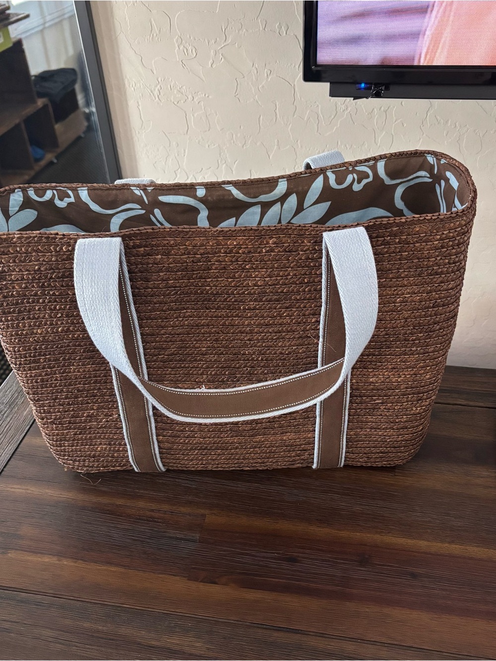 Woven Brown Tote Bag with White Straps and Light Blue Floral Lining